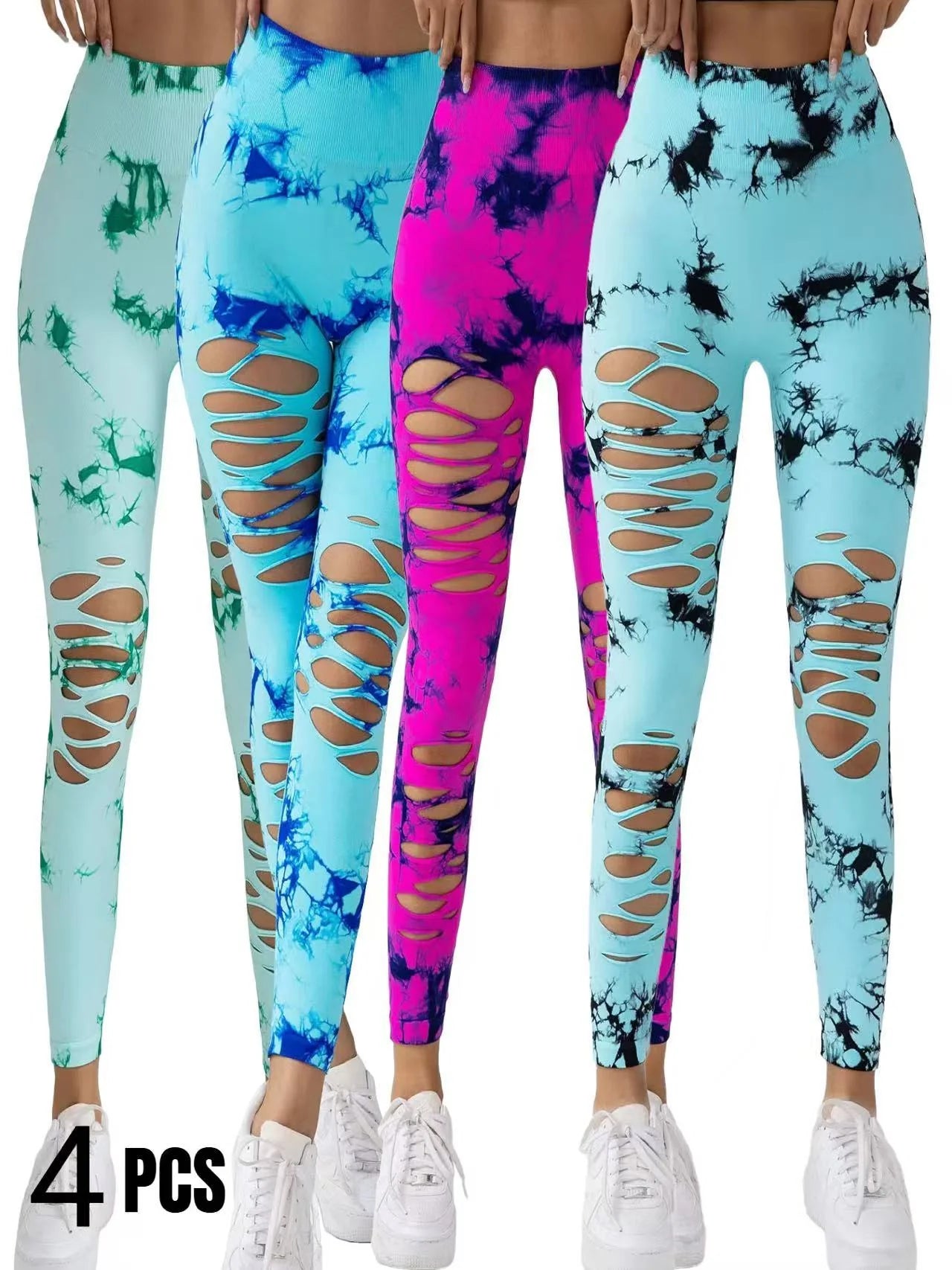 4 Pack New Style Hollow-Out Tie-Dye High-Waisted Tummy-Control Yoga Pants