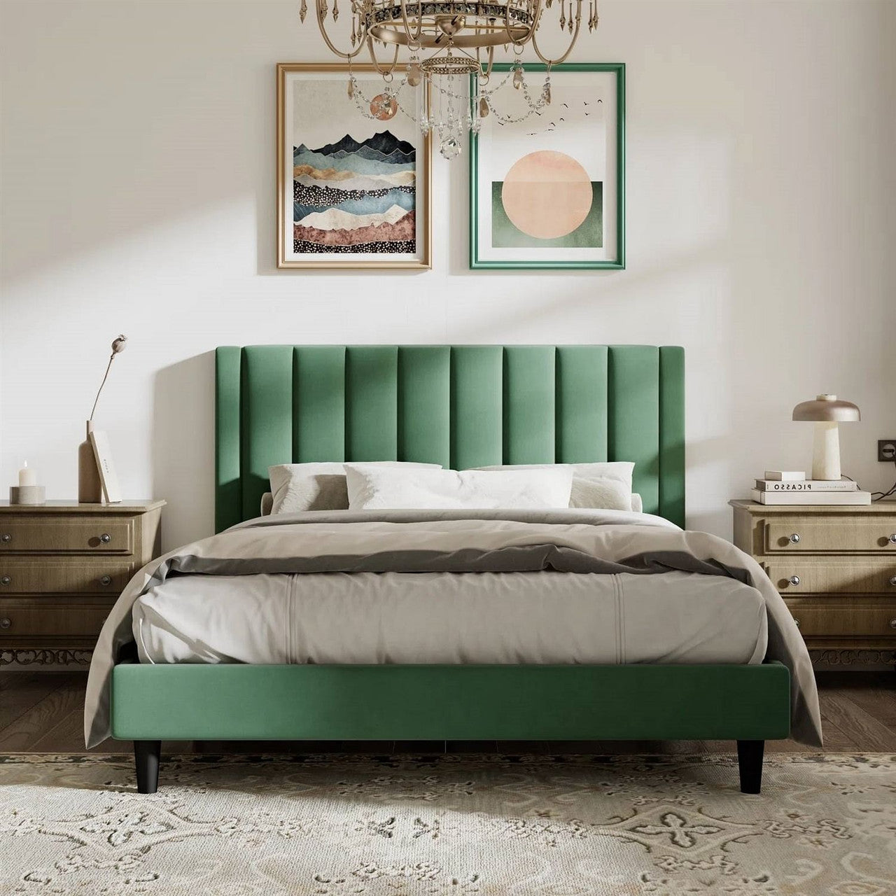 Queen size Modern Green Velvet Upholstered Platform Bed with Headboard-0