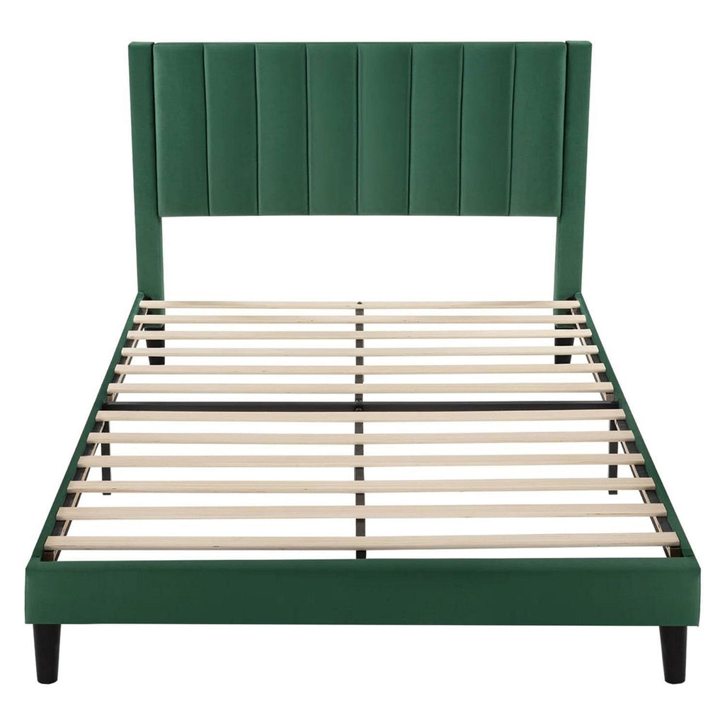 Queen size Modern Green Velvet Upholstered Platform Bed with Headboard-1