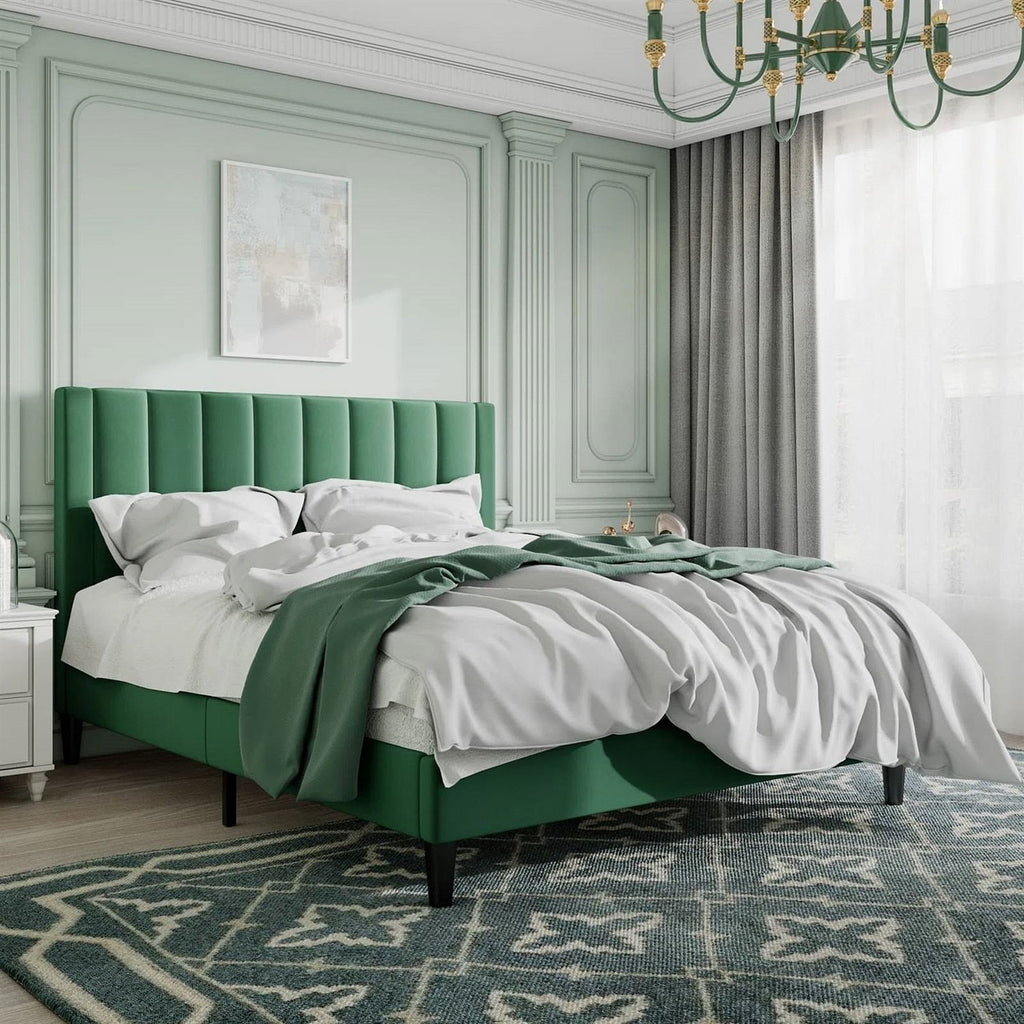 Queen size Modern Green Velvet Upholstered Platform Bed with Headboard-2