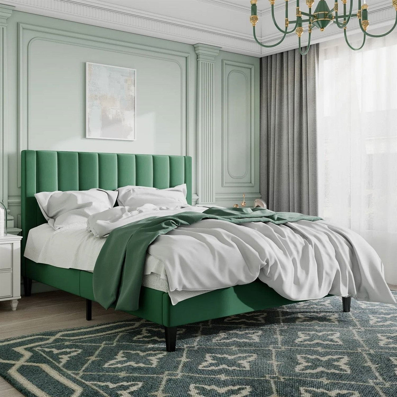 Queen size Modern Green Velvet Upholstered Platform Bed with Headboard-2