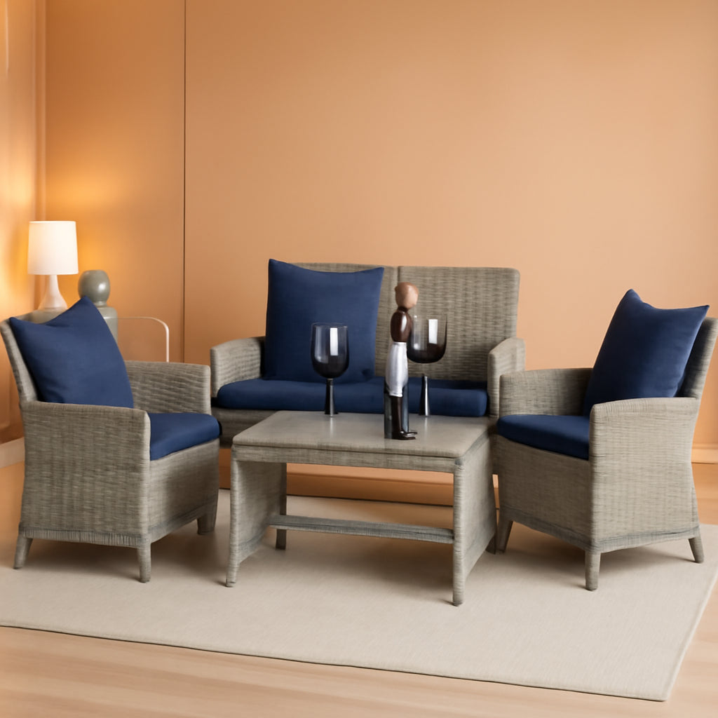 4 Piece Gray Navy Wicker Patio Conversation Set With Coffee Table-0