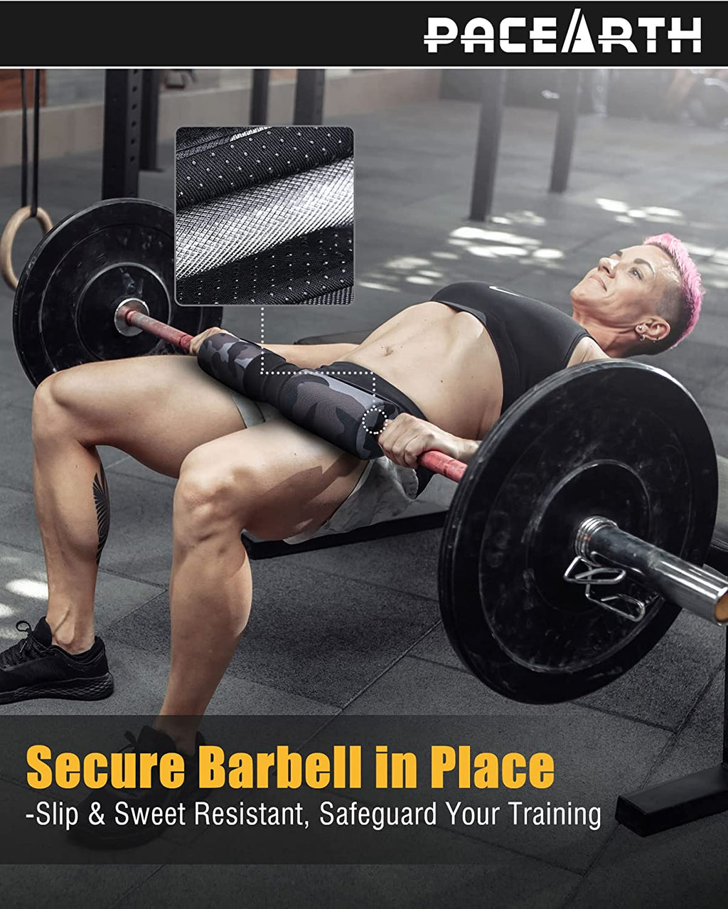 PACEARTH Barbell Pad for Hip Thrust, Standard Barbell Protective Foam, Squat Bar Pad with Closure, Neck & Shoulder Padding Hip Thrust Pad, Fits All Standard and Olympic Bars