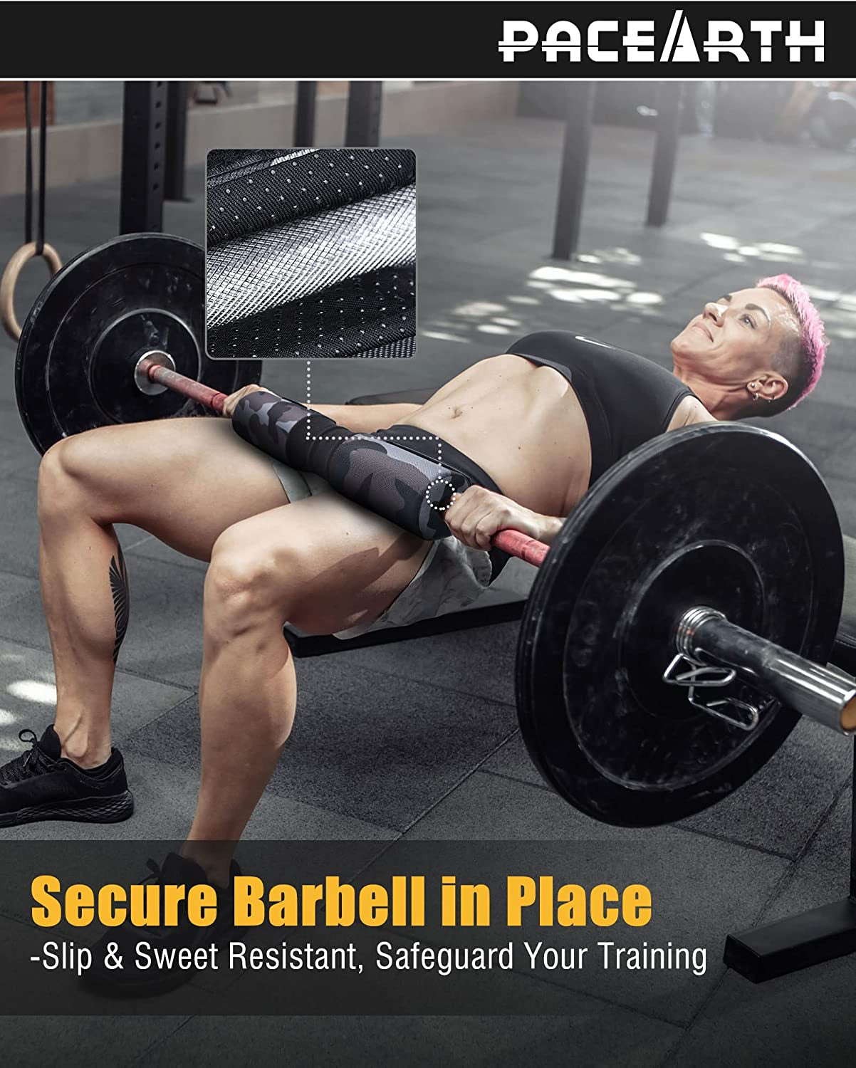 PACEARTH Barbell Pad for Hip Thrust, Standard Barbell Protective Foam, Squat Bar Pad with Closure, Neck & Shoulder Padding Hip Thrust Pad, Fits All Standard and Olympic Bars